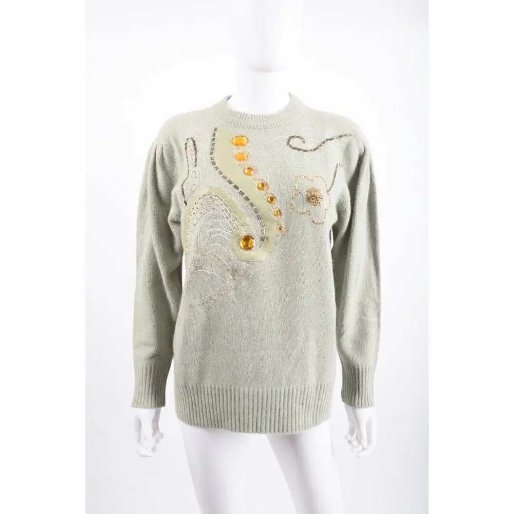 Vintage 80s Anna Womans Sweater Size S Wool Sage Green Beaded embellished